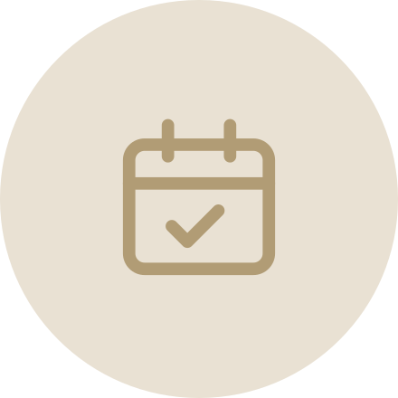 A minimalist beige icon of a calendar with a checkmark inside, centered on a light beige circular background.